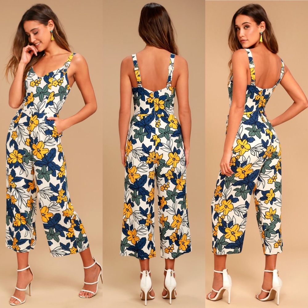 JOA Ivory Floral Print Jumpsuit, Size S